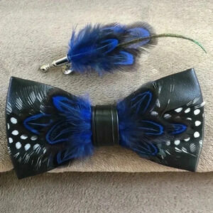 Spotted Black & Cobalt Luxury Leather Feather Bowtie and Lapel Pin Set Italy